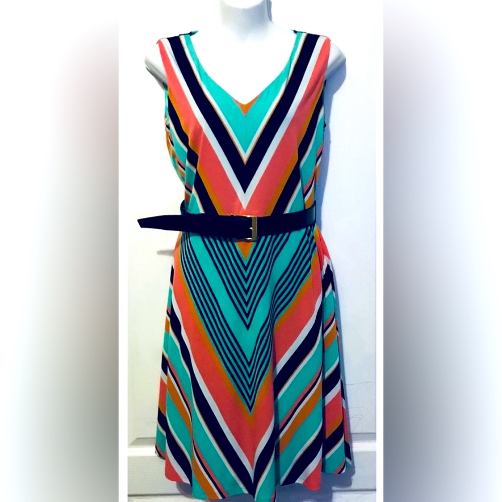 A-line Sleeveless V-neck Multi-Colored Striped Dress